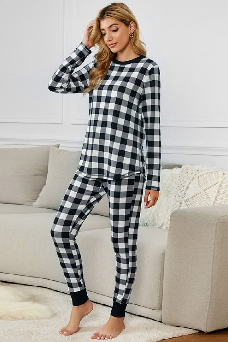 Yocwear Two Color Plaid Long-sleeved Top and Pants Pajama Set